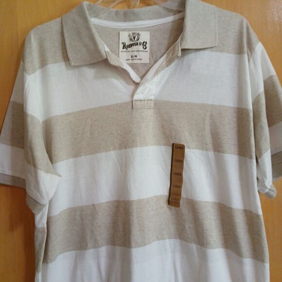 Roebuck & Co Polo Shirt Mens Large TAN White Striped Short Sleeve NWT - Picture 11 of 16
